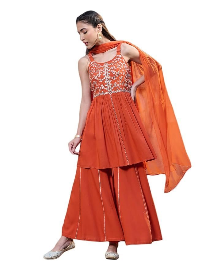 Stylum Women's Solid & Embrpodered Rayon Short Kurti Sharara Dupatta Set