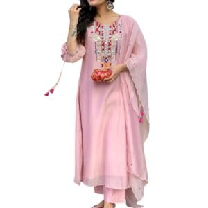 NAIKU TRADERS Women's Cotton Mirror Work Embroidered Straight Kurti with Pant and Dupatta Set
