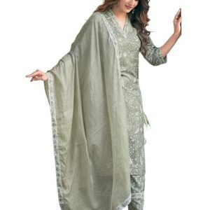 SKYLEE Women's Rayon Floral Printed and Printed Lace Straight Kurta with Pant & Dupatta