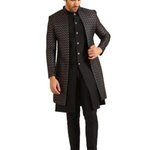 KISAH Men's Indo-Western Waistcoat Sherwani Trouser Set, Black Jacquard, Woven Design Regular Fit Mandarin Collar Long Sleeves