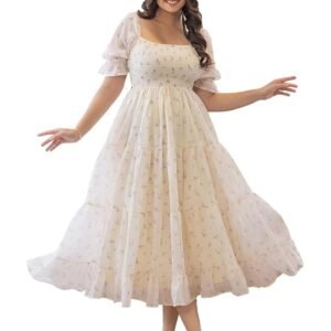 KZULLY | Dress for Women | Midi Length | Flared Hem | Puff Sleeve | Square Neck | Smocked Bodice