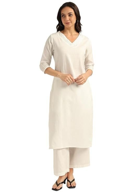 BLOCKS OF INDIA Women's Solid Straight Kurta Set | Hand-Stitched Neck Details with Pintucks | Comfortable Pants with Pockets, Elastic Waist & Drawstring Fit