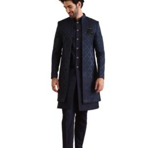 KISAH Mens Jacket Sherwani Trouser Set|Silk Blend Fabric Jacquard Pattern Indo-Western Sherwani Set for Men|Regular Fit Mandarin Collar Long Sleeves