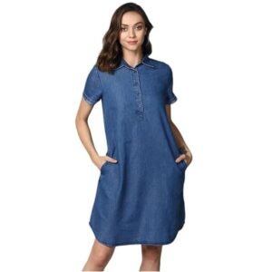 AHAVENIC Shop Women's Denim Solid Collar Neck Short Sleeve Dress (Blue)-PID61539
