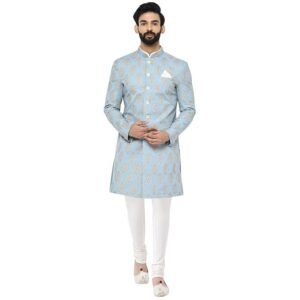 KISAH Men Blue Printed Indo-Western Sherwani Set Indo-Western, Full Sleaves, Knee Length, Straight, Regular Fit, Mandarin Collar Ethnic wear