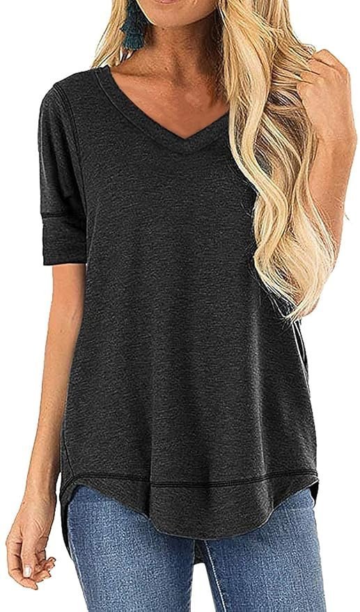 JomeDesign Summer Tops for Womens V Neck Short Sleeve T Shirts Loose Fit Side Split Tunic