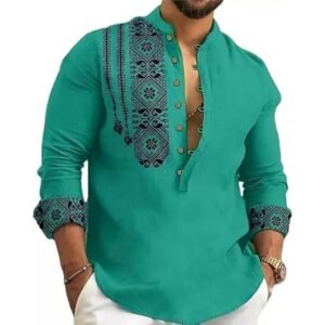 DEELMO Men's Cotton Blend Mandarin Collar Self One Design Full Sleeve Casual Short Kurta